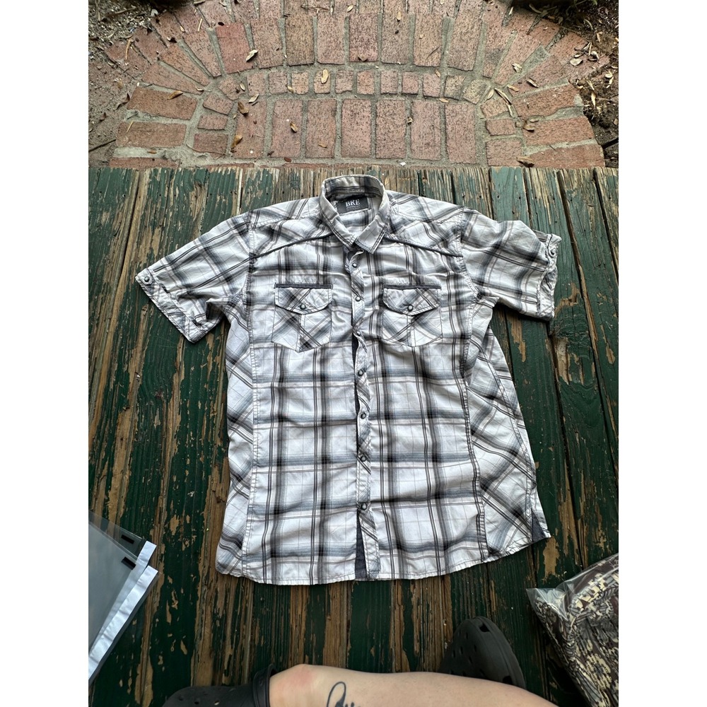 BKE Mens Athletic Fit Plaid Short Sleeve Pearl Snap Western Shirt Gray White L